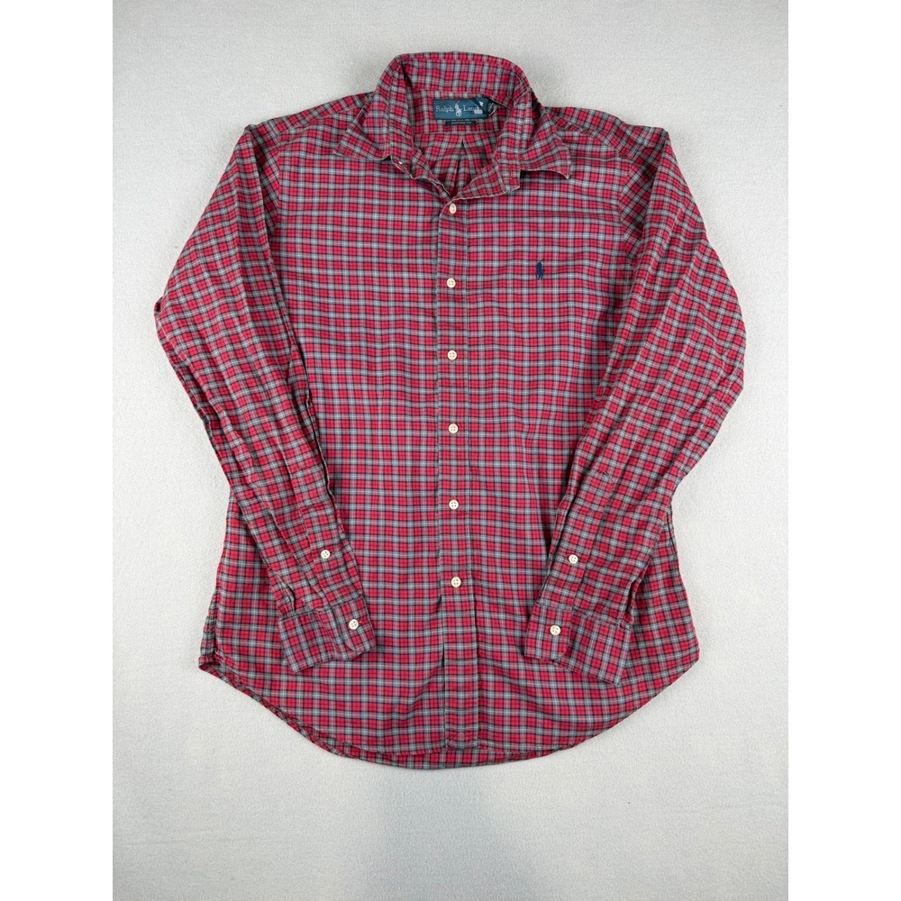 Ralph Lauren Mens Custom Fit Plaid Button Down Shirt Red Grey Medium Long Sleeve